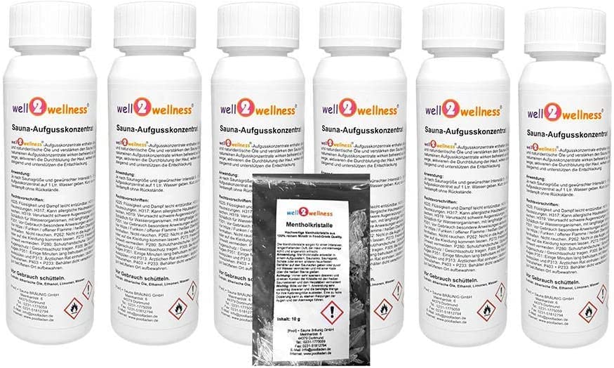 well2wellness® Saunaaufguss Set 'Selection' mit 6 x 125 ml + gratis 10g Mentholkristalle