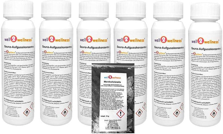 well2wellness® Saunaaufguss Set 'Selection' mit 6 x 125 ml + gratis 10g Mentholkristalle