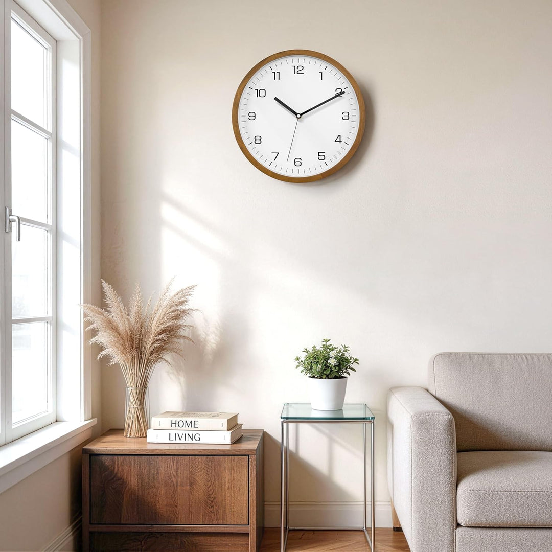 Foxtop Wanduhr Holz Ohne Tickgeräusche 30 cm Grosse Lautlos Wanduhr leicht zu lesen Rund Holzuhr für