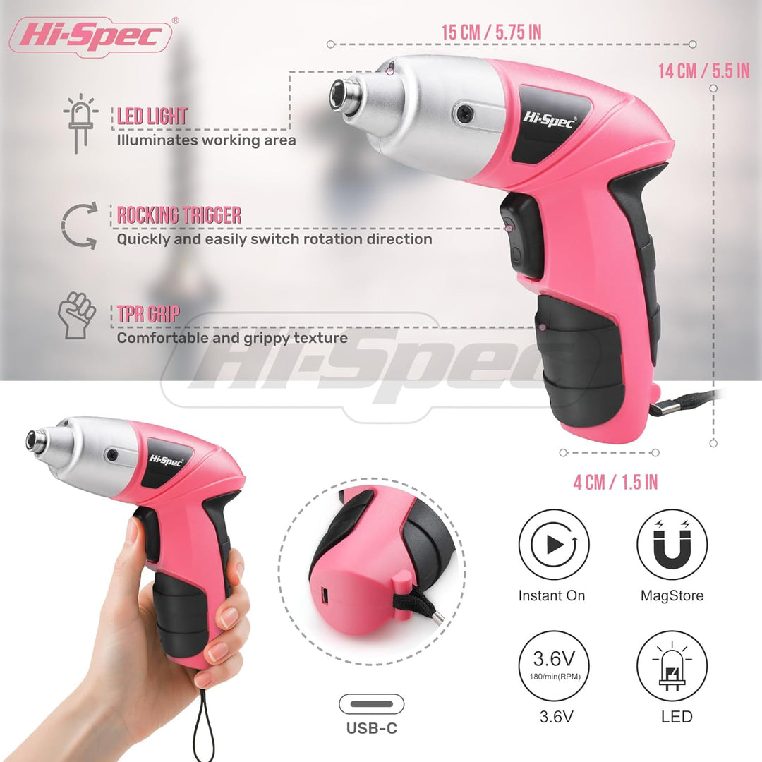 Hi-Spec Akkubohrer Set in Pink – Kompakter Mini Akkuschrauber mit leistungsstarkem 3.6-V-Akku, LED-L