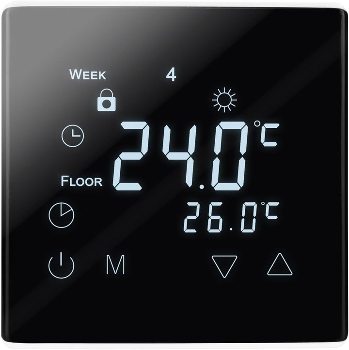Modernes und elegantes Touchscreen Thermostat mit Programmiermöglichkeiten und inklusive Bodenfühler