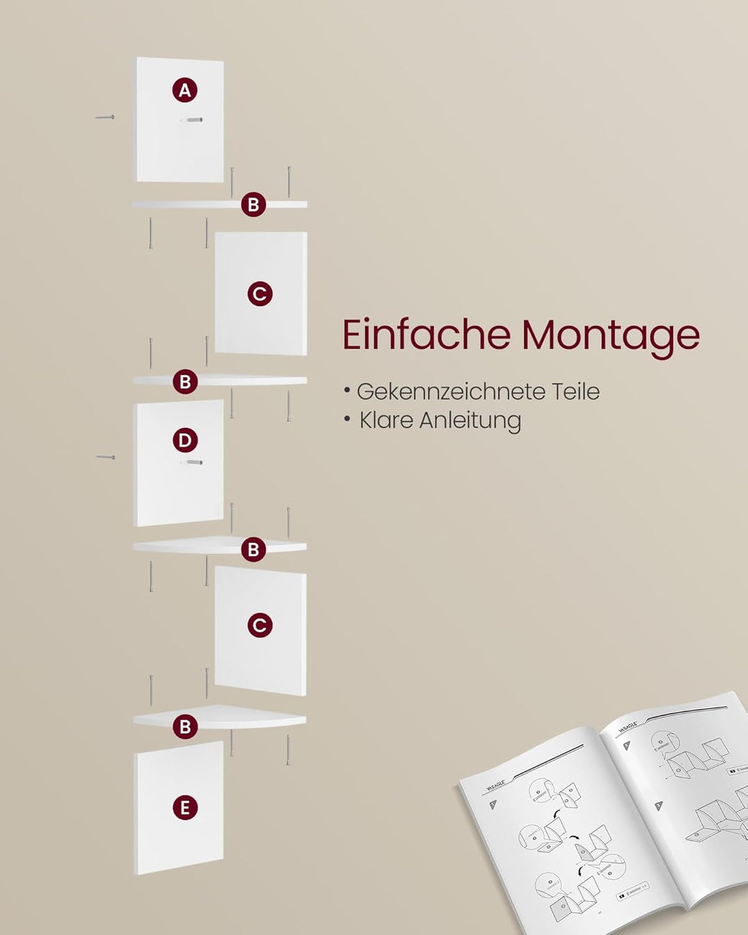 VASAGLE Set mit 2 Eck-Bücherregalen, Eckregalen, Wandregale mit 4 Ebenen, im Schlafzimmer, Wohnzimme