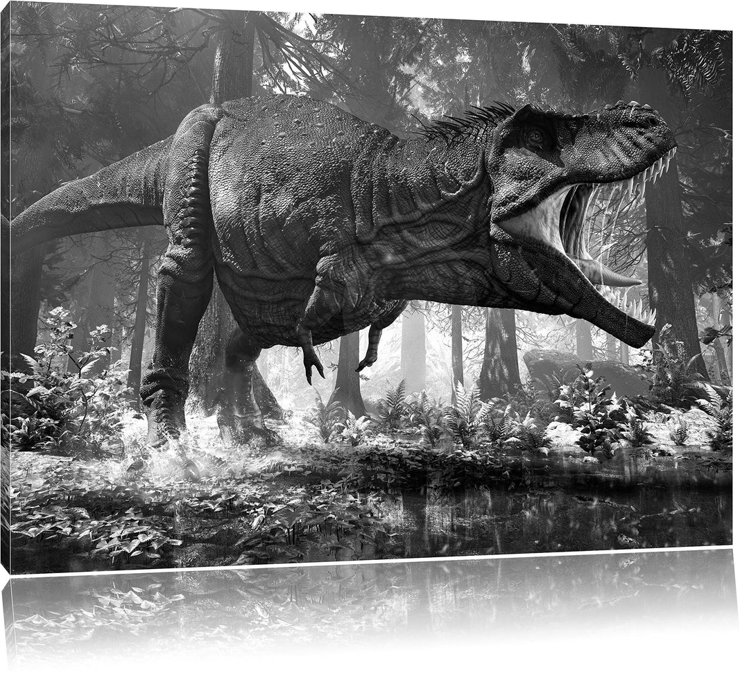 Pixxprint T-Rex Dinosaurier im Wald Kunst B&W, Format: 100x70 auf Leinwand, 100x70