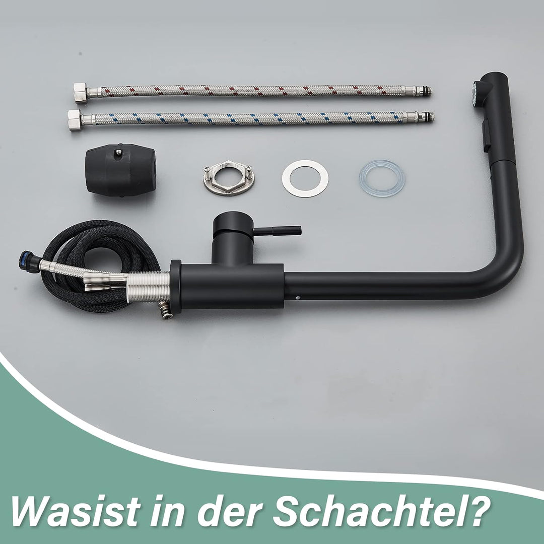 Wasserhahn Küche Schwarz Küchenarmatur Mischbatterie mit Brause Ausziehbar Hochdruck 360° Schwenkbar