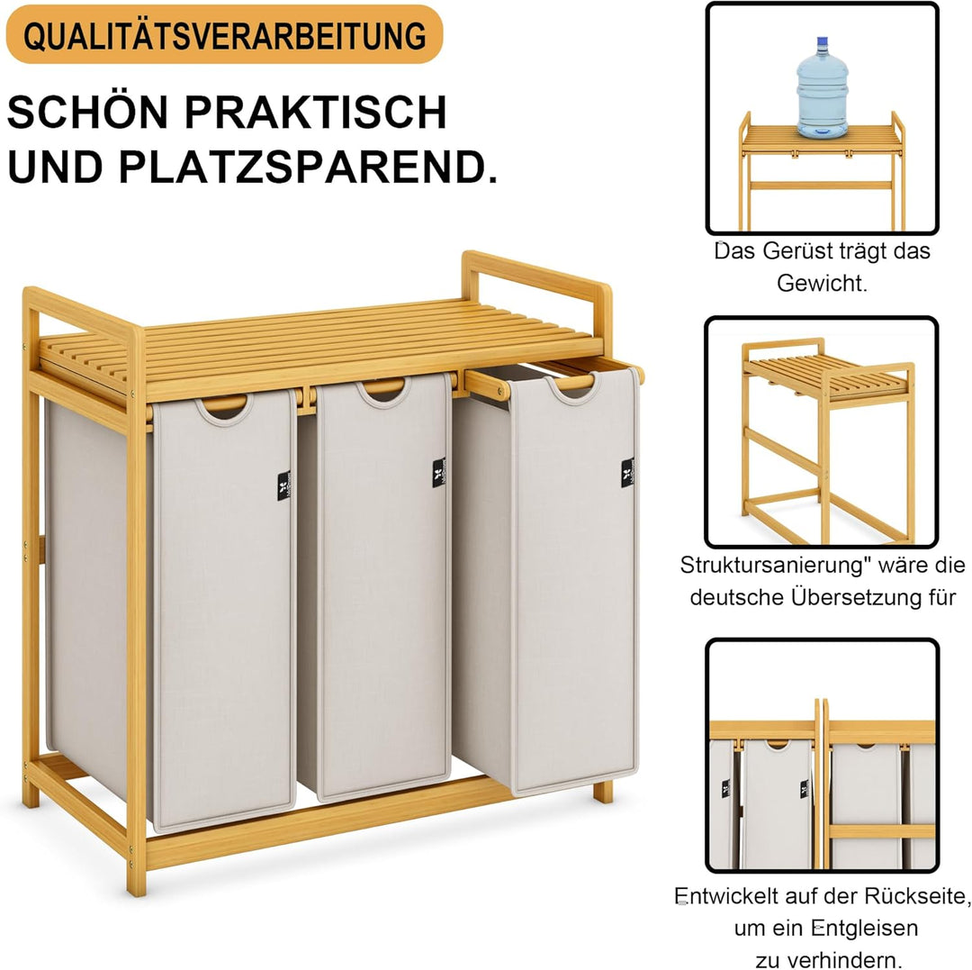 AdelDream Wäschekorb mit Bambusrahmen 150L 3 Fächer Bambus Wäschesammler laundry baskets Bogendesign