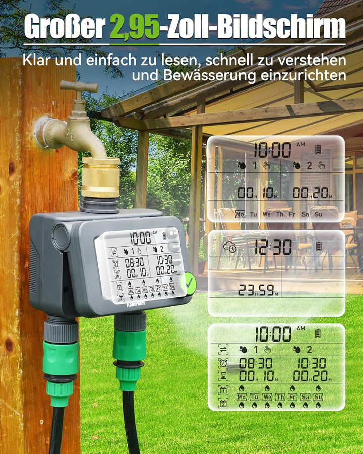 RAINPOINT Bewässerungscomputer 2 ausgänge mit Messingeinlass, Garten Bewässerungsuhr mit Regenverzög
