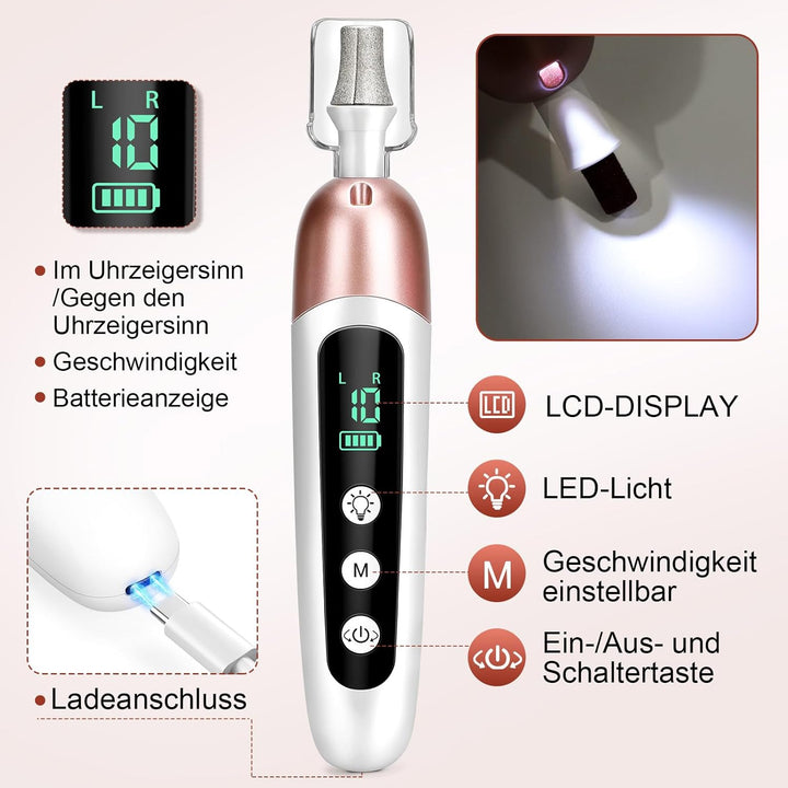 Maniküre Pediküre Set mit 10-Gang und LED Licht,Tragbare Elektrische Nagelfeile 2000 mAh Wiederaufla