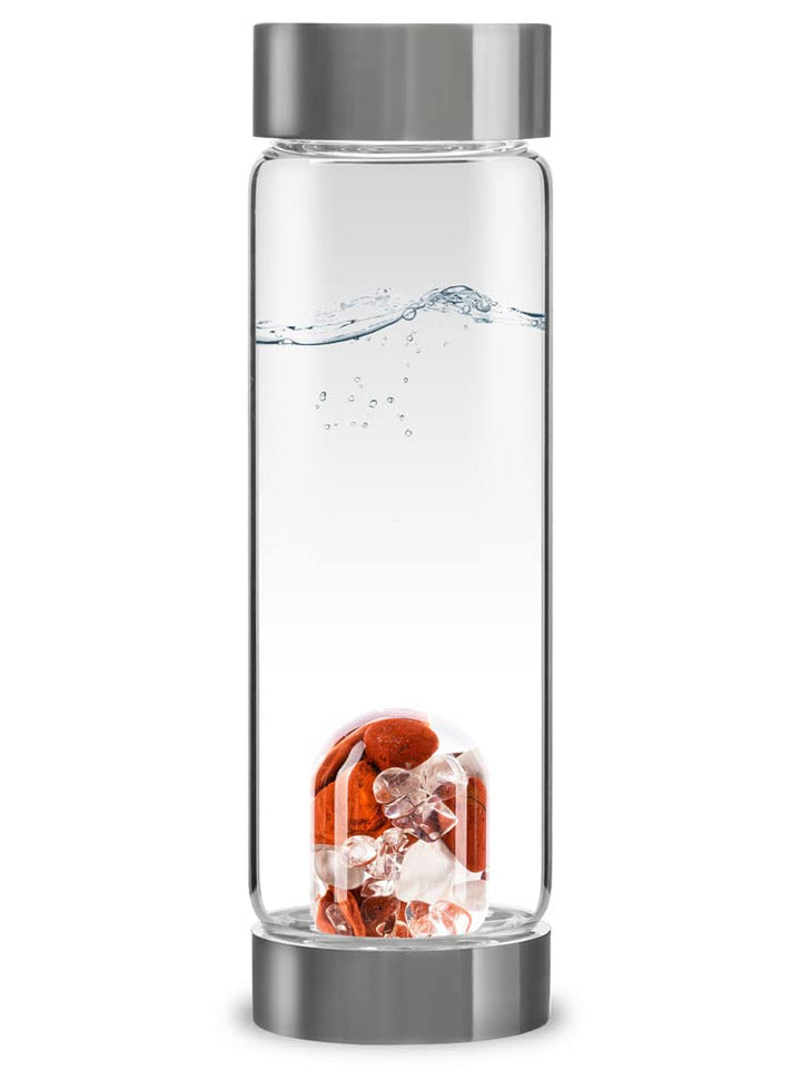 VitaJuwel ViA FITNESS - Wasserflasche mit Roter Jaspis, Magnesit & Bergkristall für Willenskraft und