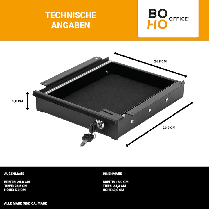 boho office® Schreibtisch Schublade schwarz – abschliessbar mit Schloss, inkl. Organizer & Filz, Unt