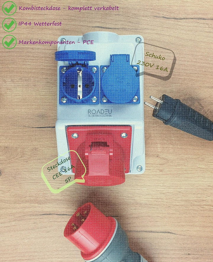 RoadEu - Kombi Wandsteckdose 16A 5P - Wandverteiler 16A mit 2x Schuko 230V - Stromverteiler IP44 - I