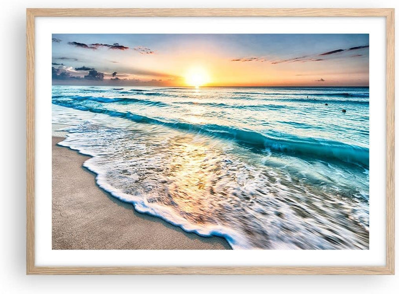 Wandposter Art Prints 70x50cm Poster Rahmen helle Eiche Meer Welle Strand Küche Wanddeko Bild Wand K