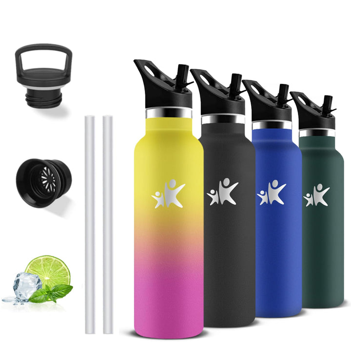 Wasserflasche, 500ml Trinkflasche Edelstahl, BPA-Frei, 24h Kalt & 12h Warm, Wasserflasche mit Strohh