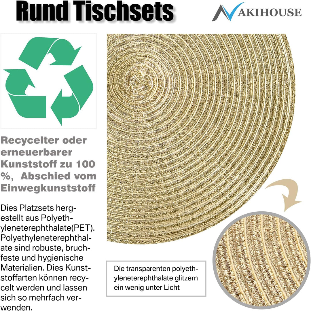 Platzsets Rund Gold Geflochten Tischsets 12er Set Hitzebeständigem Tisch Tischsets Waschbar für Küch
