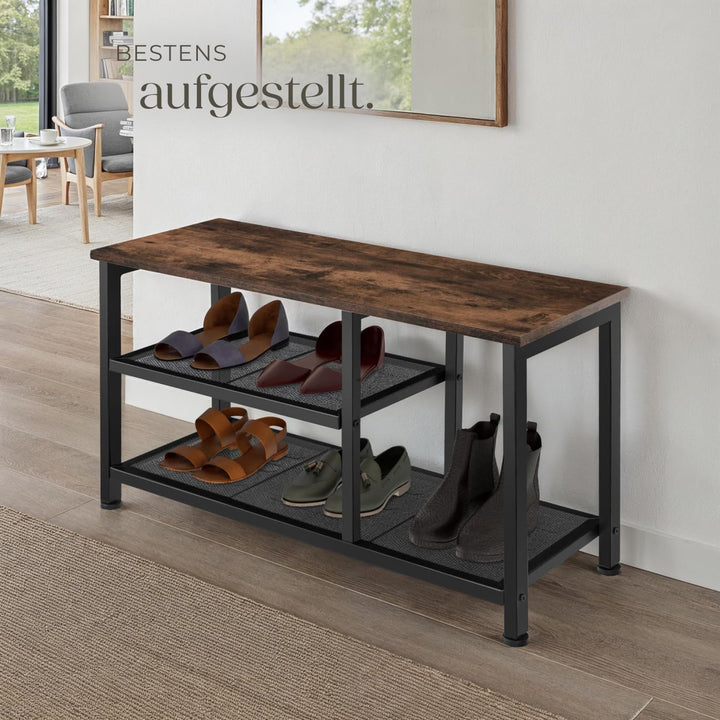 tectake 800949 Schuhregal schmal mit Sitzfläche, Schuhbank aus Holz und Metall, Industrie-Design, 3