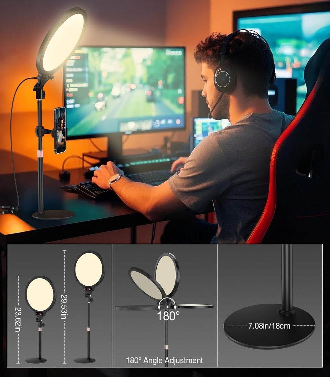 MoKo Ringlicht mit Stativ Handy, 10" Vollbild LED Ringlicht Tisch mit Ständer und Telefonhalter, La