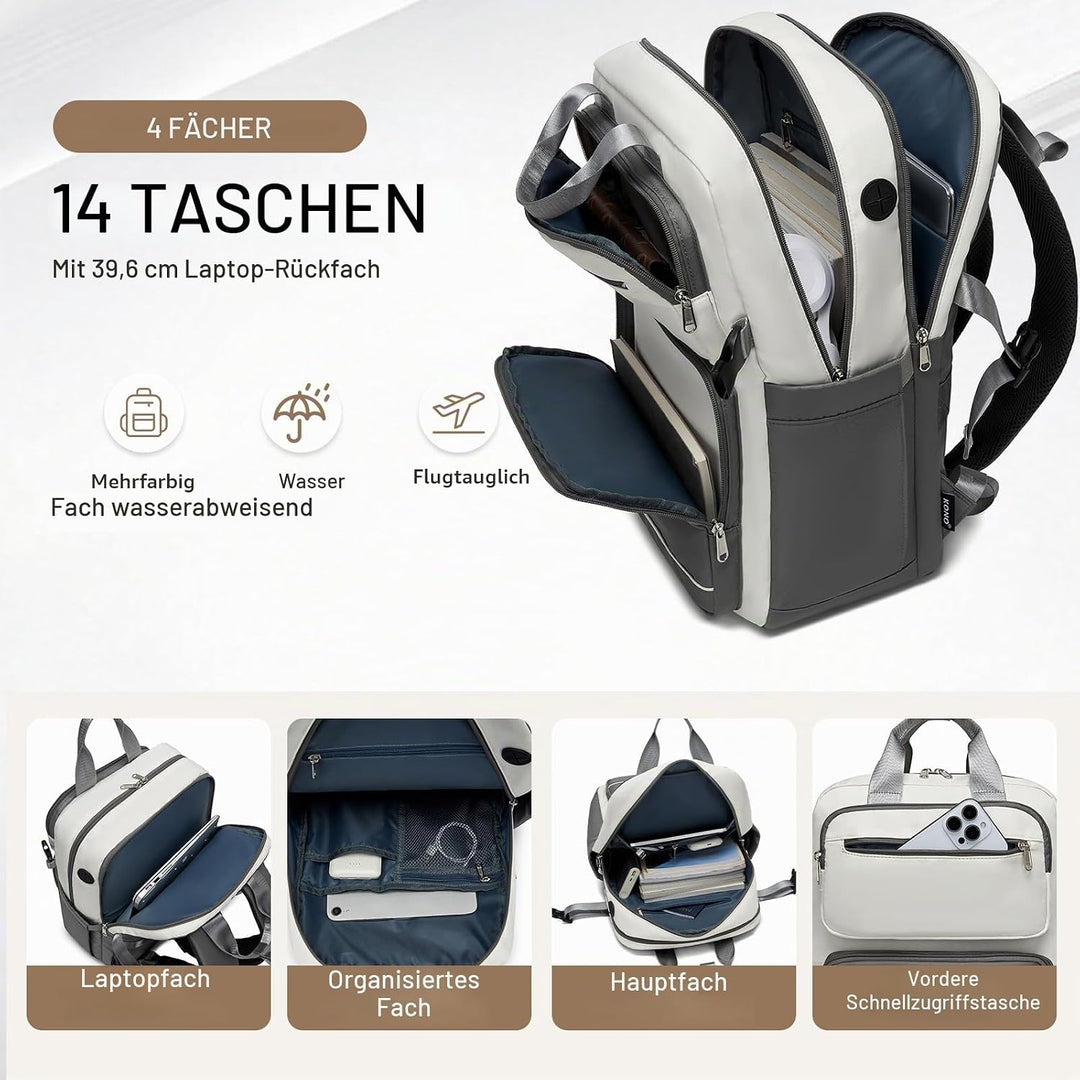 KONO Rucksack Damen 15,6 Zoll Laptop Rucksack, Grosse Wasserdicht Schulrucksack mit Flaschenfach, 2