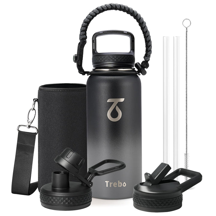 Trebo Isolierte Wasserflasche mit Paracord-Griff und 3 Deckeln, auslaufsicherer Vakuum-Wasserkrug au