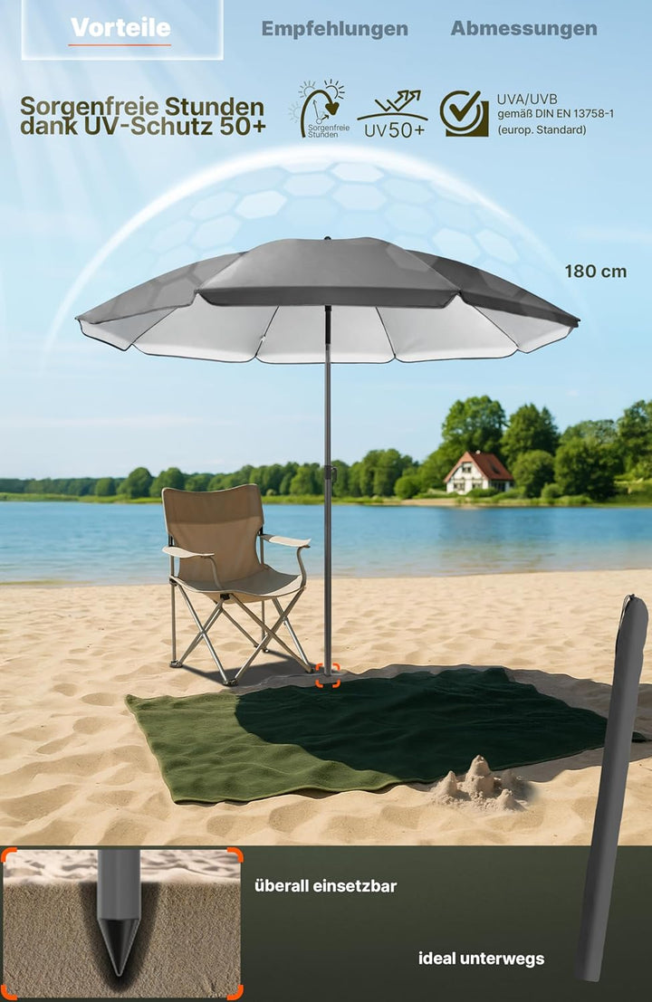 4smile Sonnenschirm für Strand und Balkon Ø 180 cm, Anthrazit - UPF 50+ Balkonschirm SunnyJoy, Stran