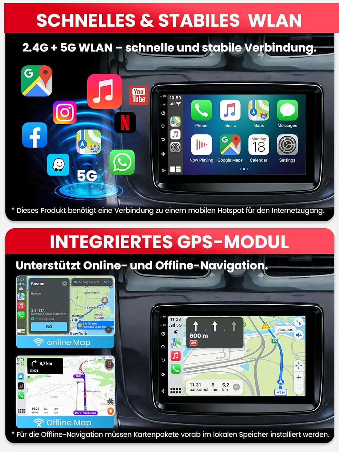 Doppel DIN Autoradio mit Bildschirm für Dacia Logan Duster, Renault Captur, Wireless CarPlay & Andro