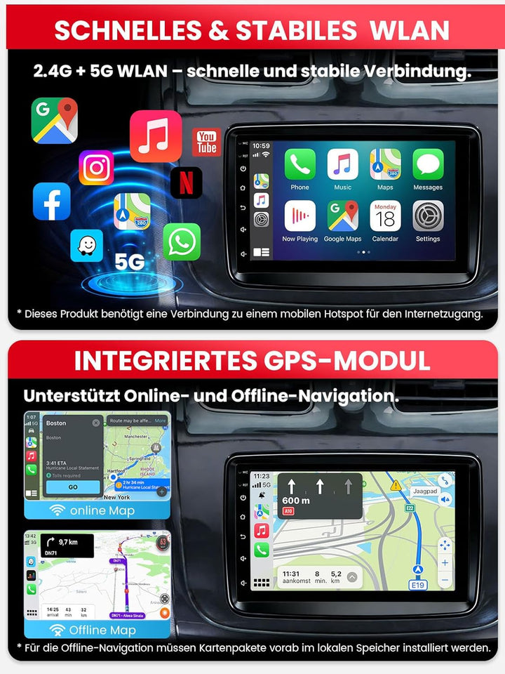 Doppel DIN Autoradio mit Bildschirm für Dacia Logan Duster, Renault Captur, Wireless CarPlay & Andro
