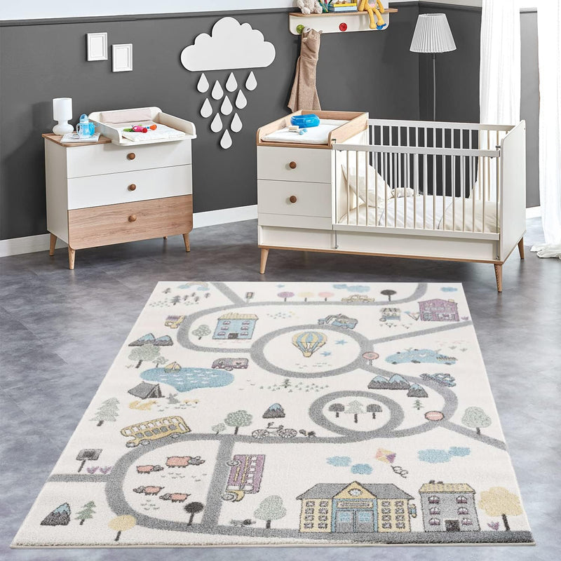 payé Teppich Kinderzimmer Läufer - Creme - 80x150cm - Strassenteppich Pastellfarben Spielteppich Kin