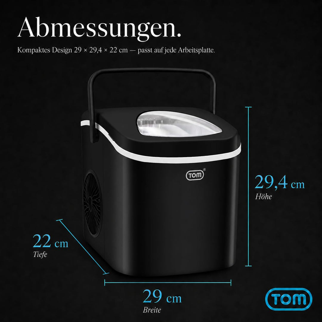 TOM Eiswürfelmaschine – 9 Eiswürfel in 6-8 min – 12 kg/24 h – 2 Würfelgrössen – Ice maker Eiswürfelm