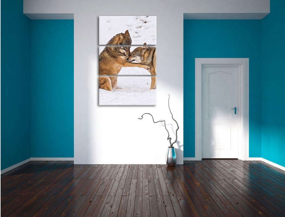Pixxprint spielendes Wolfsrudel 3-Teiler Leinwandbild 120x80 Bild auf Leinwand
