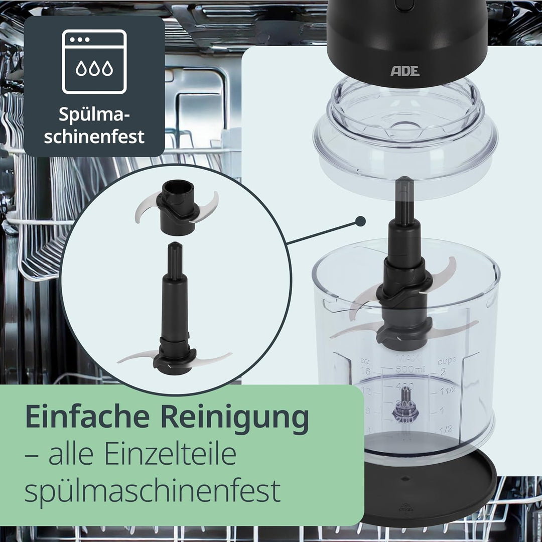 ADE Zerkleinerer Küche elektrisch | Zwiebel Zerkleinerer | Food Processor mit 4 scharfen Edelstahlkl