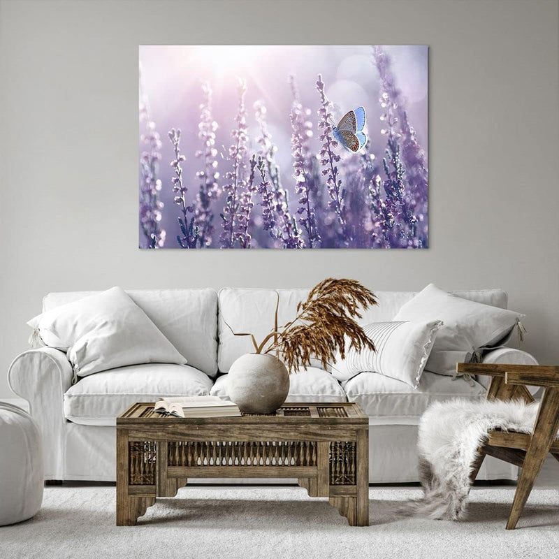 Bilder auf Leinwand 100x70cm Leinwandbild Schmetterling Wiese Blume Gross Wanddeko Bild Schlafzimmer