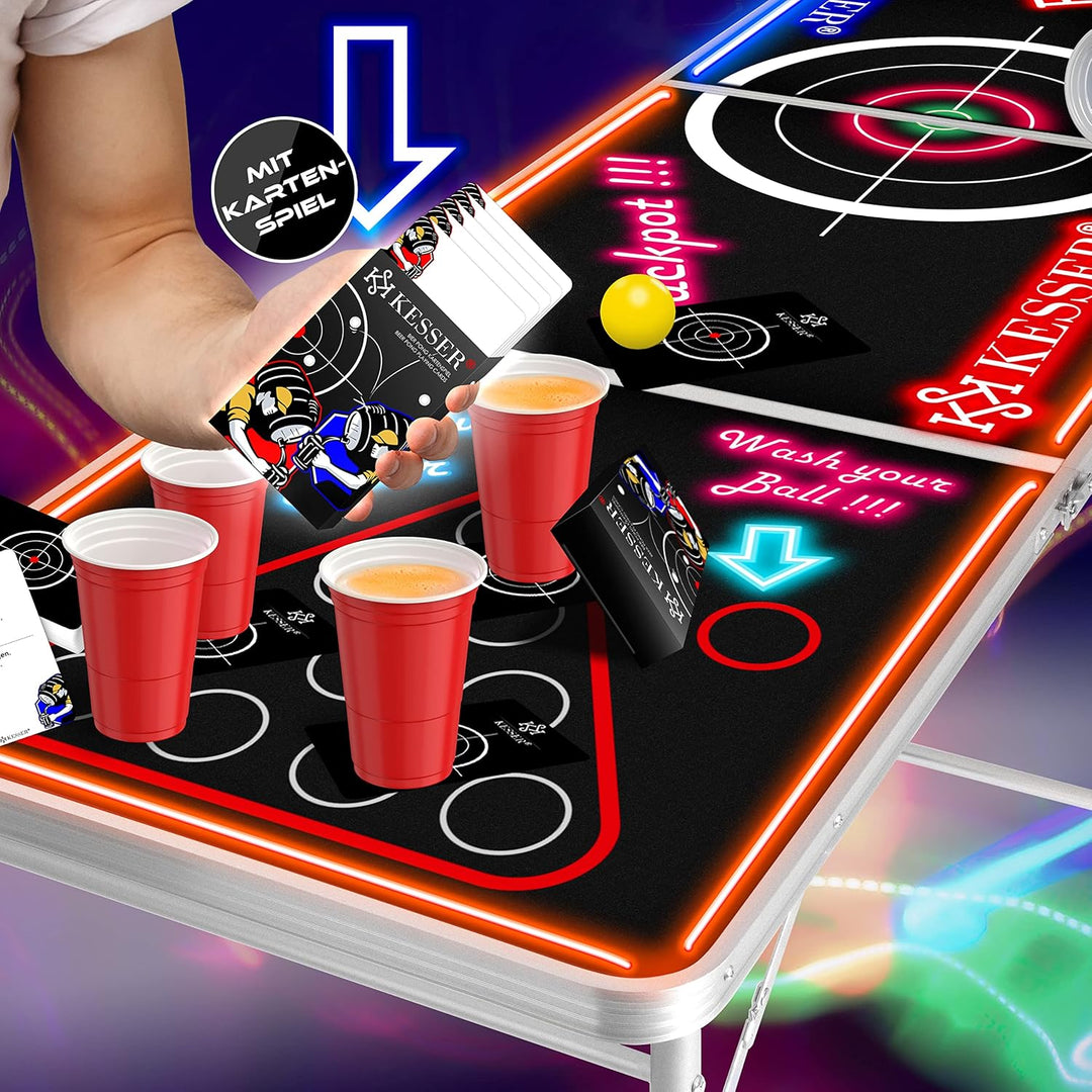 KESSER® Bier Pong Tisch Set mit Kartenspiel Trinkspiel LED-Action inkl. 100 Becher (50 Rot & 50 Blau