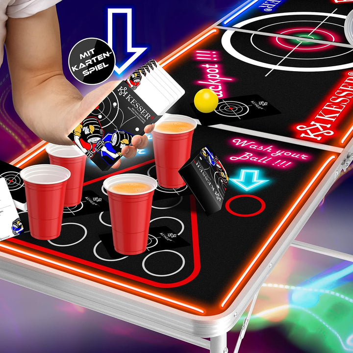KESSER® Bier Pong Tisch Set mit Kartenspiel Trinkspiel LED-Action inkl. 100 Becher (50 Rot & 50 Blau