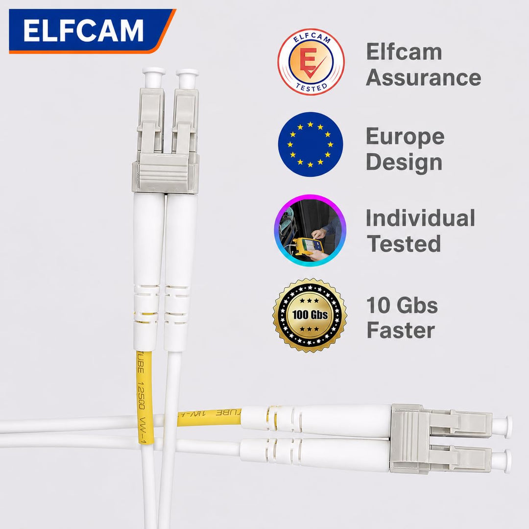 Elfcam® - LWL Glasfaser-Kabel LC/UPC auf LC/UPC 50/125um OM3 Multimode Duplex LSZH, Farbe Weiss, 100