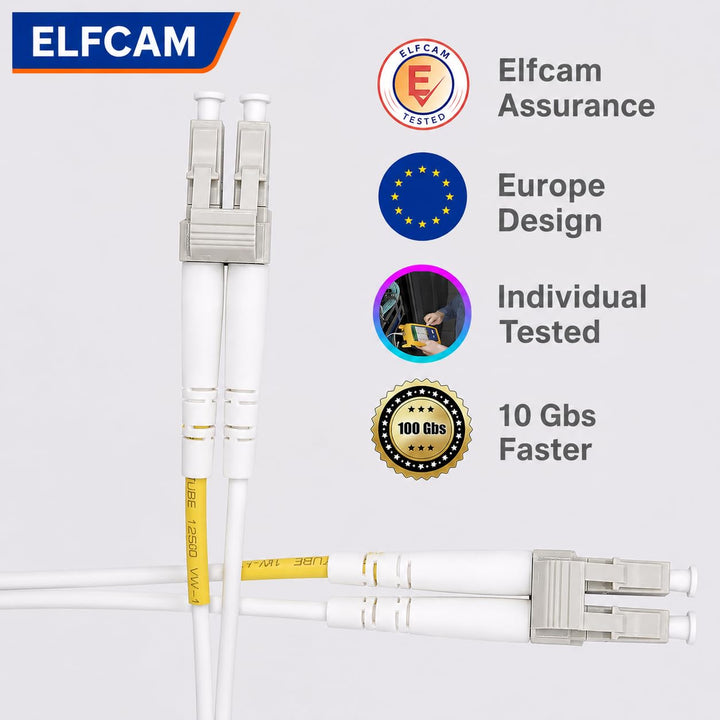 Elfcam® - 15m LWL Glasfaser-Kabel LC/UPC auf LC/UPC 50/125um OM3 Multimode Duplex LSZH, Farbe Weiss,