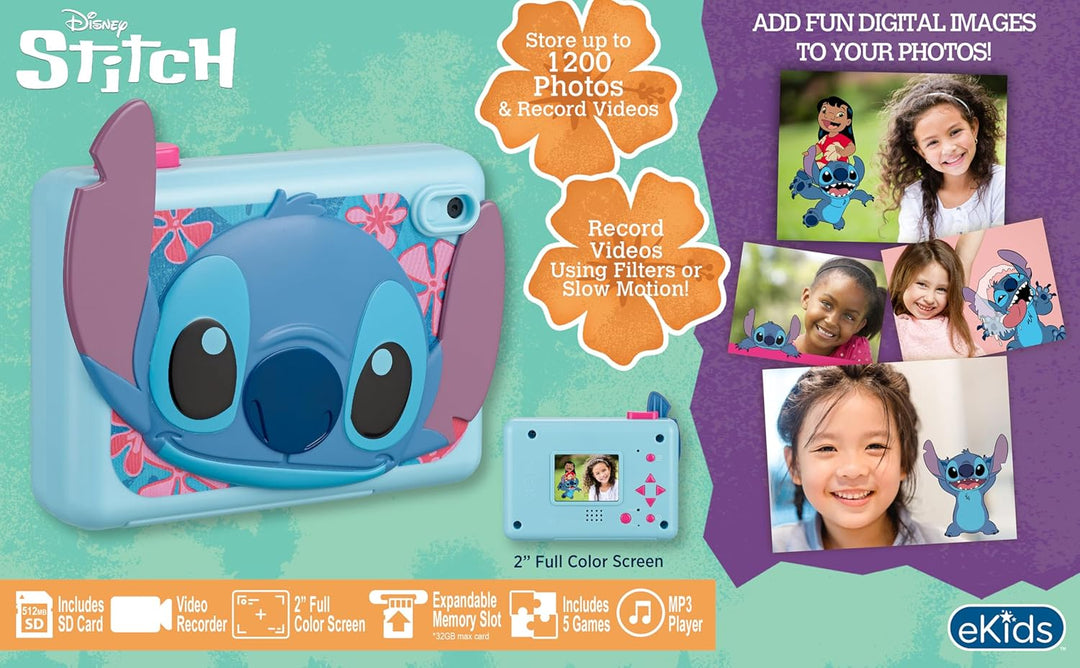 eKids Disney Stitch Digitalkamera, 2 MP, 2-Zoll-Bildschirm, 512 MB SD-Karte, 5 Spiele enthalten, Bla