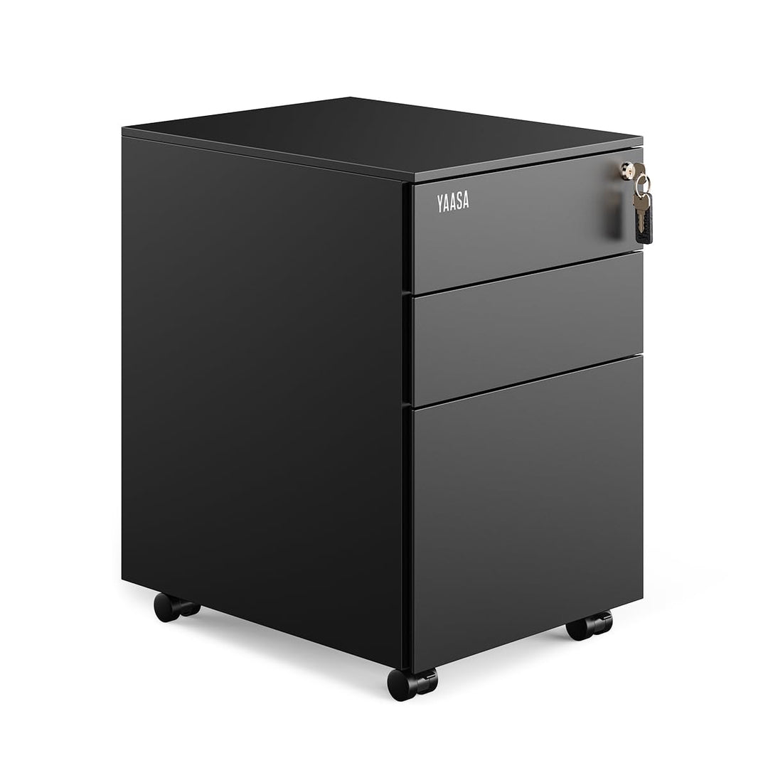 Yaasa File Cabinet Edged Standard Schwarz - Rollcontainer aus Stahl, Aktenschrank mit 3 verschliessb