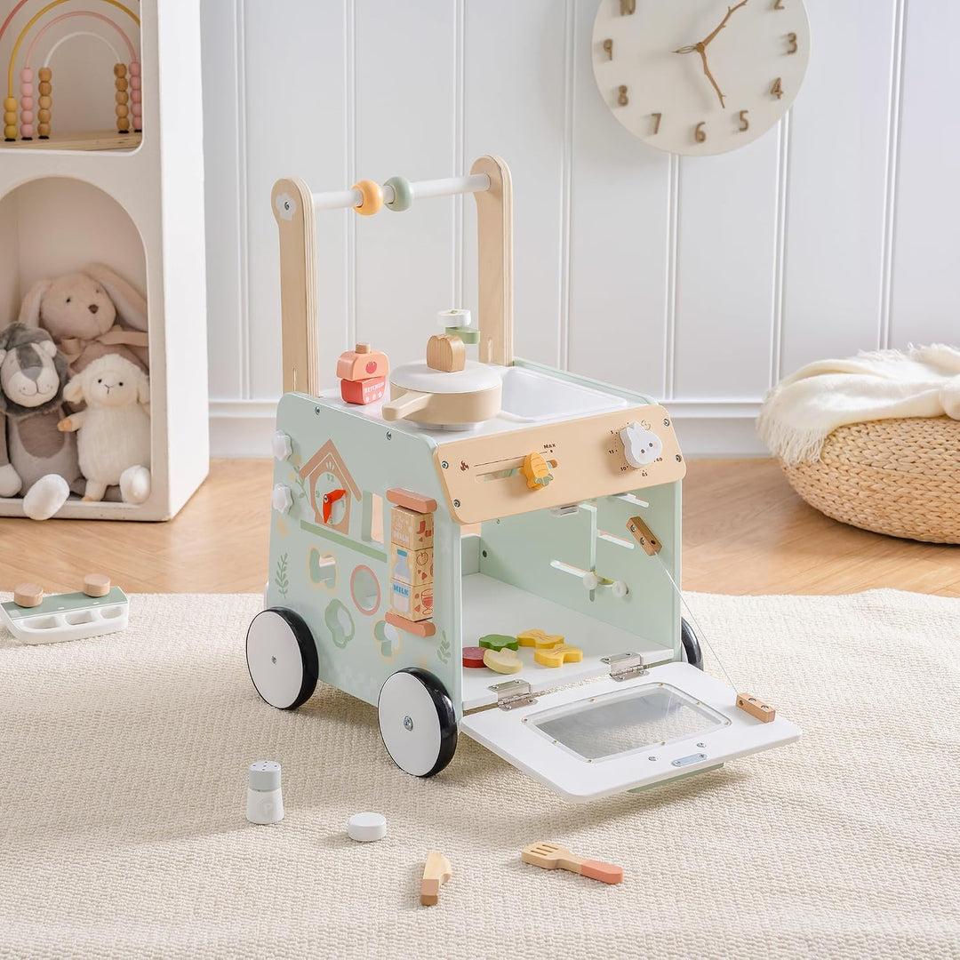 ROBUD Baby Walker Holz für Kleinkinder, Verstellbarer Schiebewagen mit Activity-Center, Grossem Stau