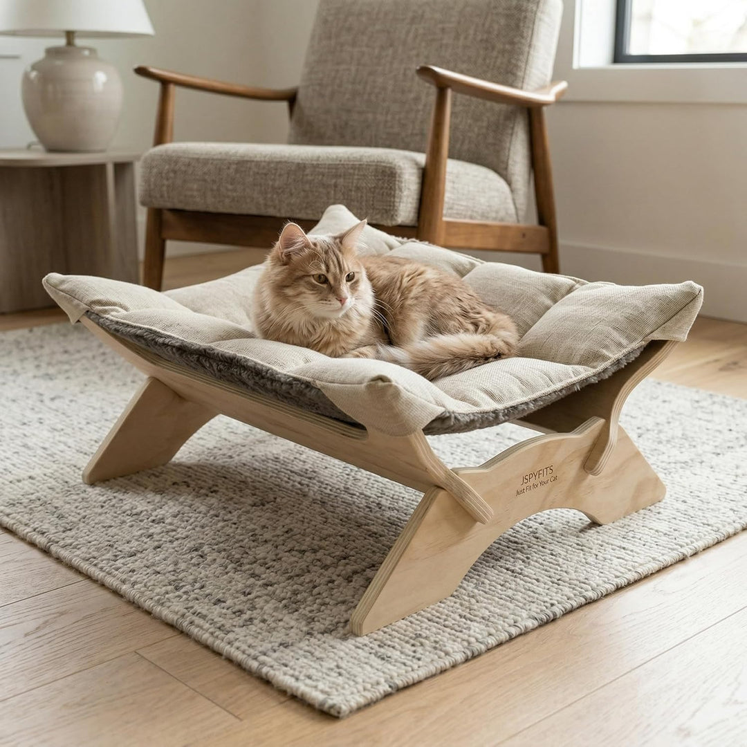 JSPYFITS Katzenbett, Plüsch-Samt-Katzenbetten für Indoor-Katzen, Katzenhängematte aus Holz, 54 x 42