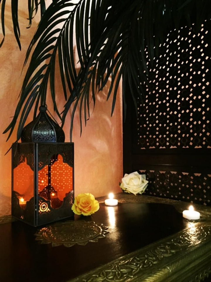 Orientalische Laterne aus Metall &amp; Glas Sarala klein orange 28cm | orientalisches Windlicht | Marokk