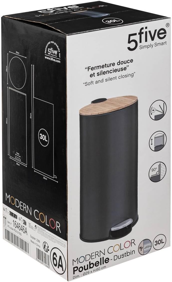 5five - mülleimer mit bambusdeckel 30l "modern color" schwarz cm Schwarz, cm Schwarz