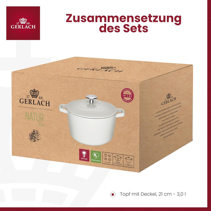 Gerlach Nature Iron Gusseisen-Topf Kochtopf 3 L mit Deckel 21 cm Bräter Schmortopf Brottopf Brotback