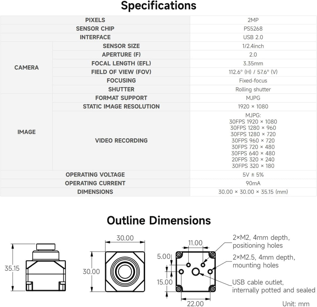 Waveshare PS5268 2MP USB Camera Module, 120dB High Dynamic Range, USB2.0 Port, Rolling Shutter