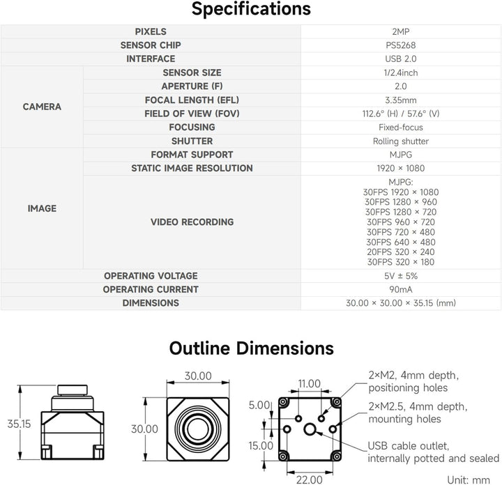Waveshare PS5268 2MP USB Camera Module, 120dB High Dynamic Range, USB2.0 Port, Rolling Shutter