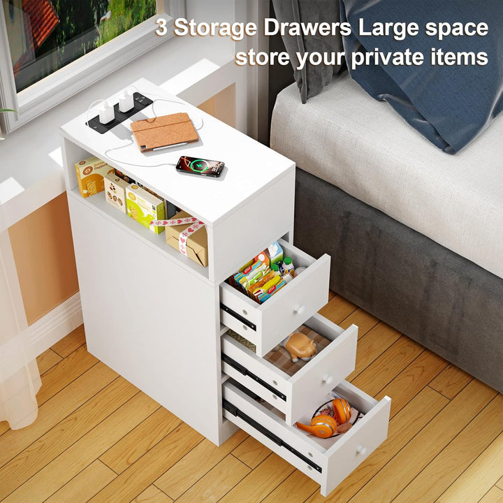 PIPIPOXER Nachttisch schmal, Nachttisch mit Steckdose & USB, Nachtschrank mit 3 Schublade, 1 Offenen