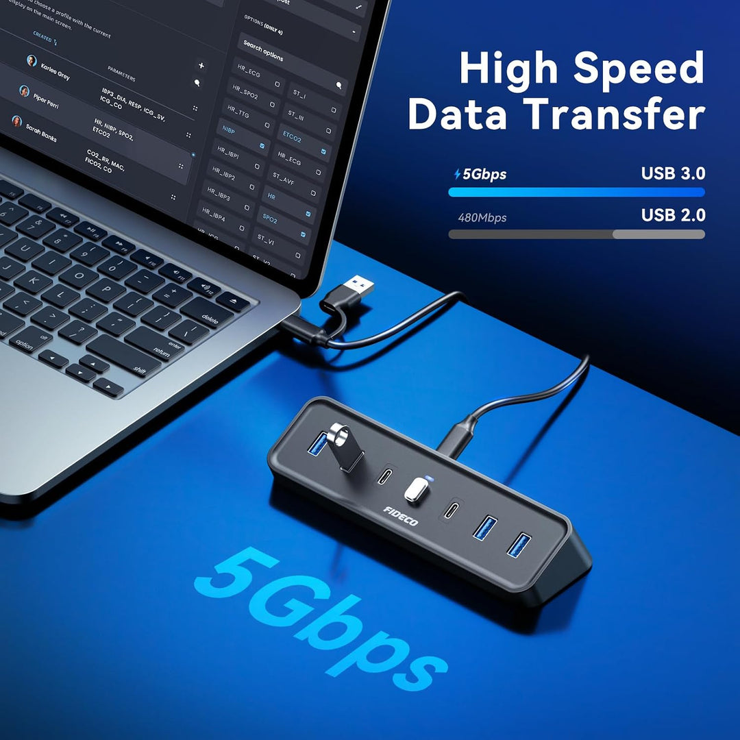 FIDECO 7 Port USB 3.0 Hub mit 1.2m Kabel für Desktop/PC/MacBook, 5Gbps USB Verteiler mit 4 USB-A + 3