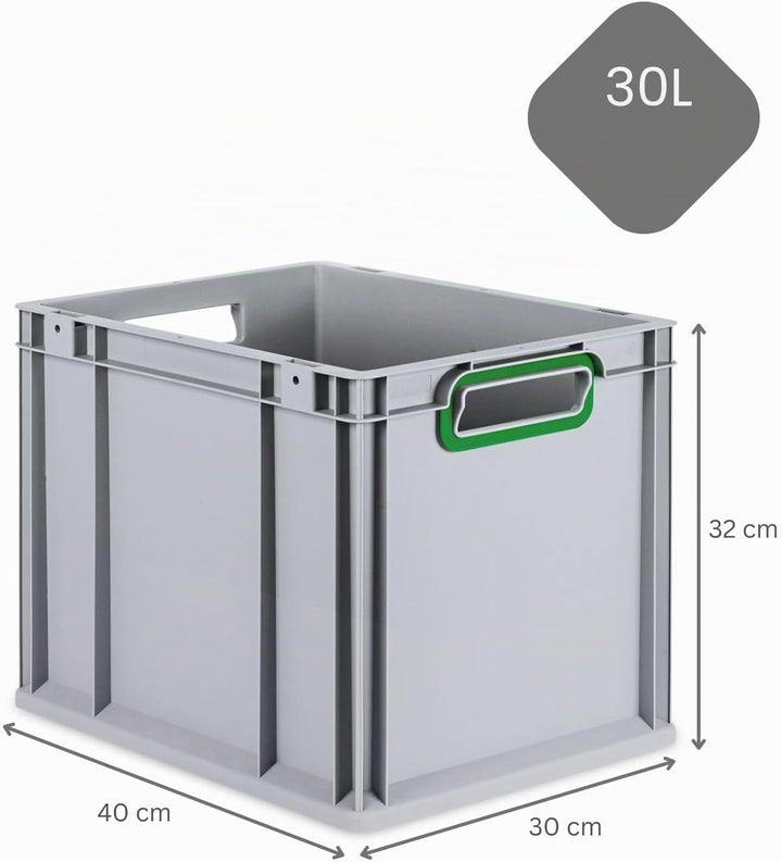 SuperSparSet 4x Eurobox NextGen Color | HxBxT 32x30x40cm | 30 Liter | Griffe grün offen | Glatter Bo