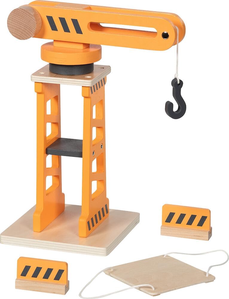 goki 55824 – Drehkran mit Zwei Absperrbarken und Ladeplattform, beweglicher Spielzeug-Baukran aus Ho