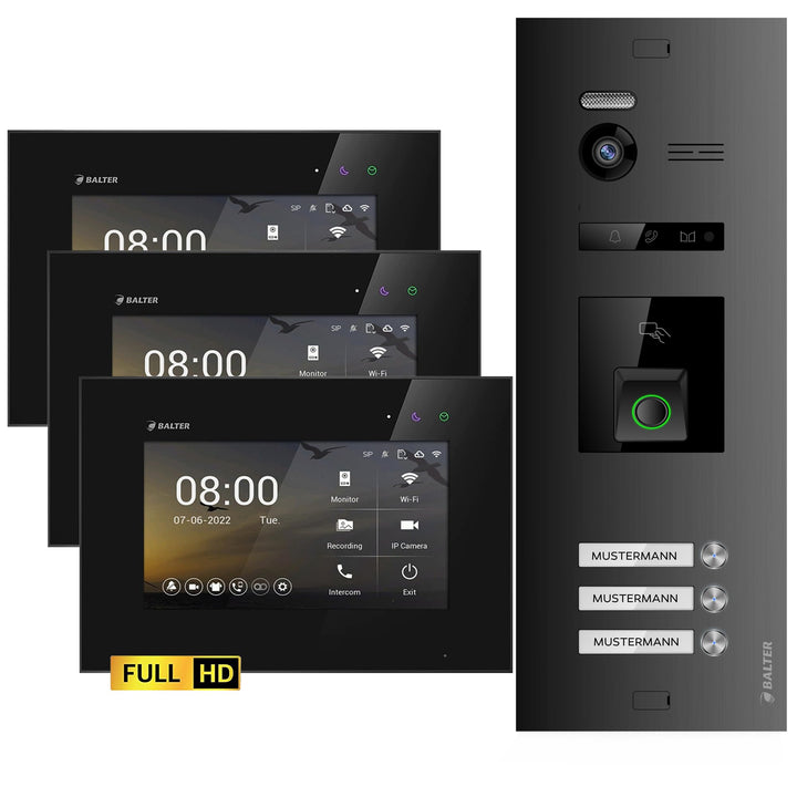 Balter EVO-HD Video Türsprechanlage mit Fingerprint, Video Türklingel, 3 Familienhaus, 3X 7 Zoll Mon