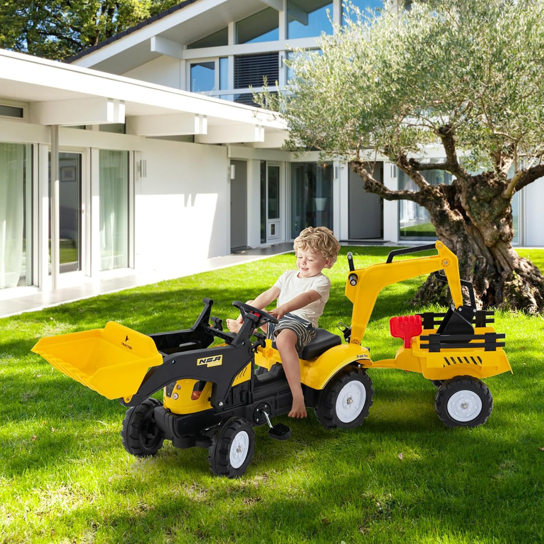 COSTWAY Trettraktor, Kinder Traktor mit Abnehmbarer Anhänger & Grabschaufel, Baggerlader bis 35 kg b
