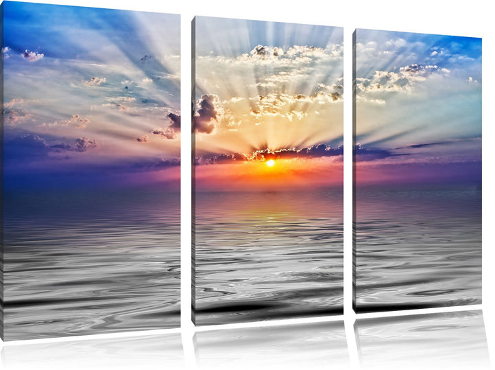 Pixxprint Sonnenaufgang im Meer / 3-Teilig/Gesamtmass 120cm Leinwandbild bespannt auf Holzrahmen/Wan
