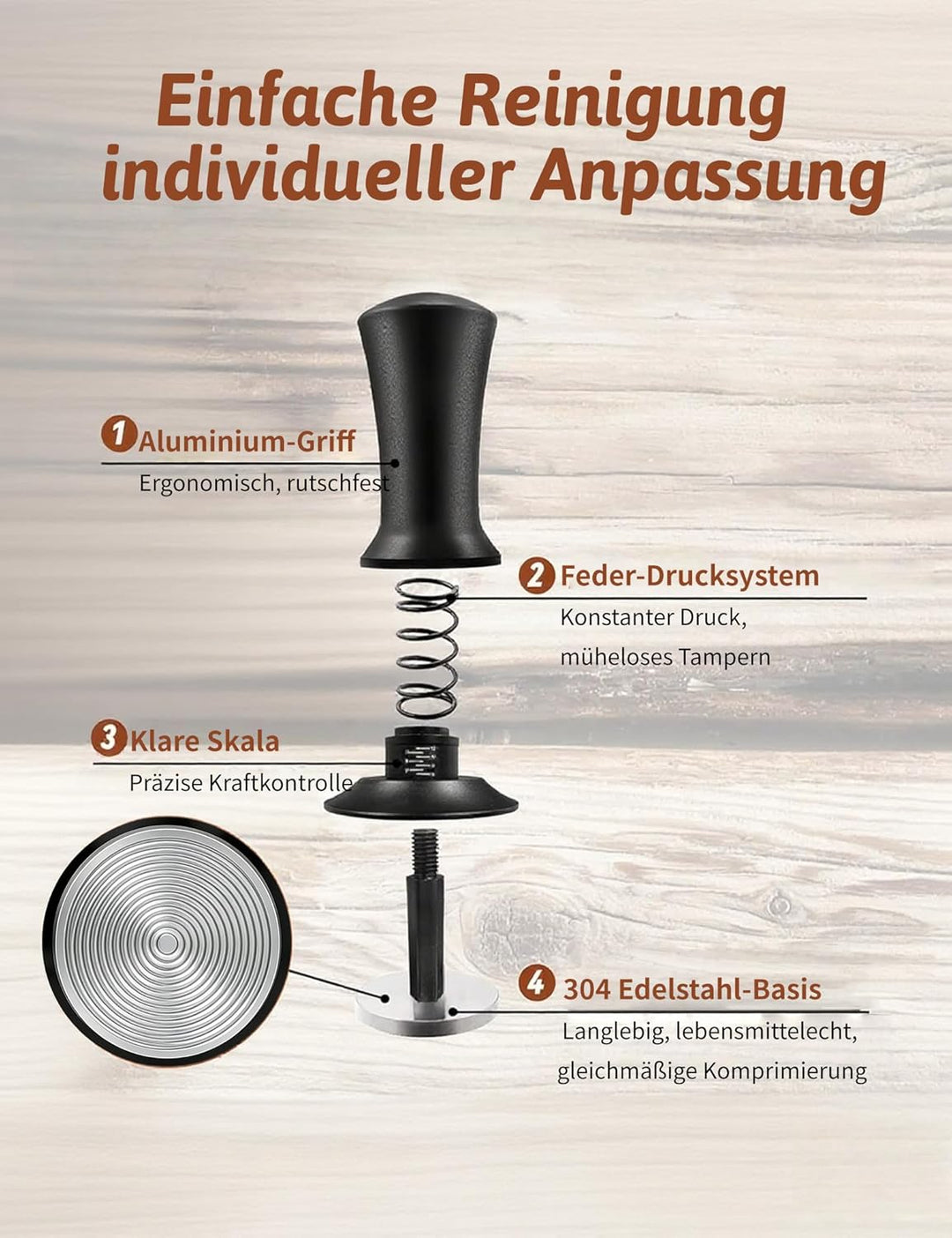 Kaffee Tamper 53mm federbelastet, Espresso Tamper mit 30lbs konstantem Druck, 304 Edelstahl Gewindeb